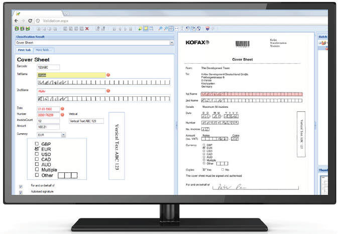 a computer screen showing a Kofax document